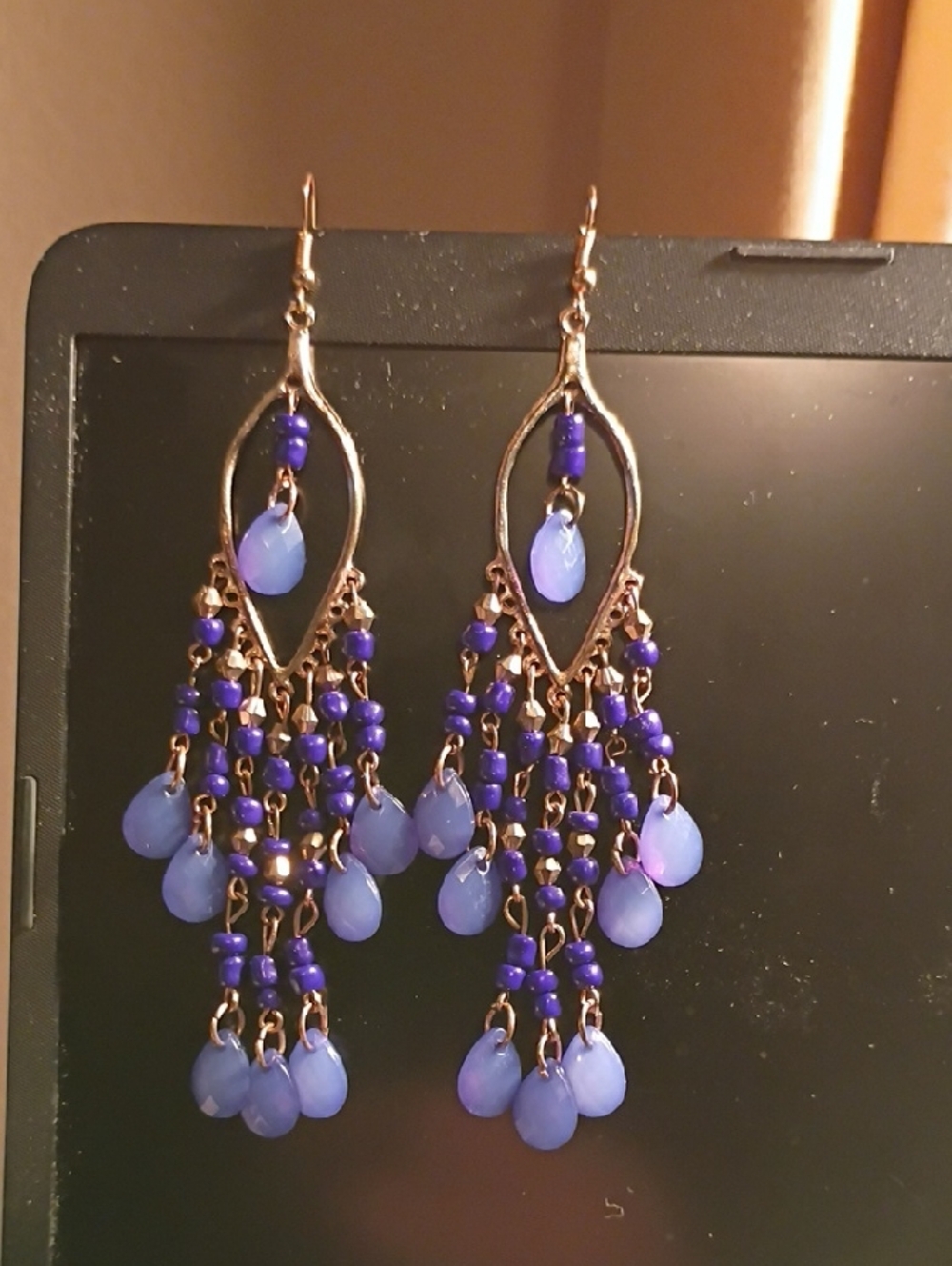 Lavender Purple And Gold-Tone Chandelier Bead Earrings